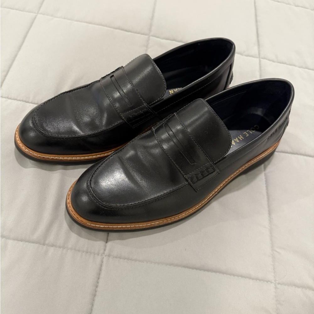 Cole Haan Black Leather Loafers with Brown Sole